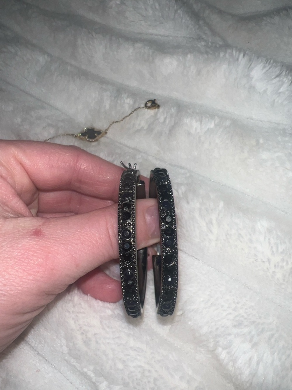 Black Crystal Hoop Earrings with clover black and gold bracelet